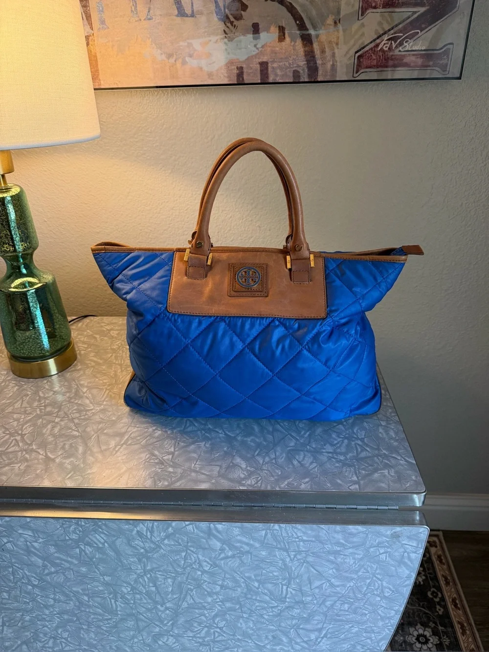 EUC Tory Burch Leather & Quilted Blue Tote. - Picture 1 of 12
